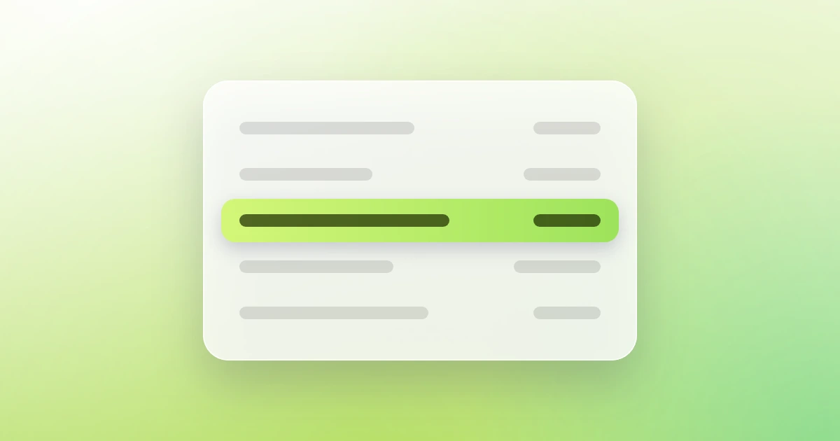A frosted glass sheet with five rows of grey bars like a price list, the middle row picked out in lime green, on a pale green field.