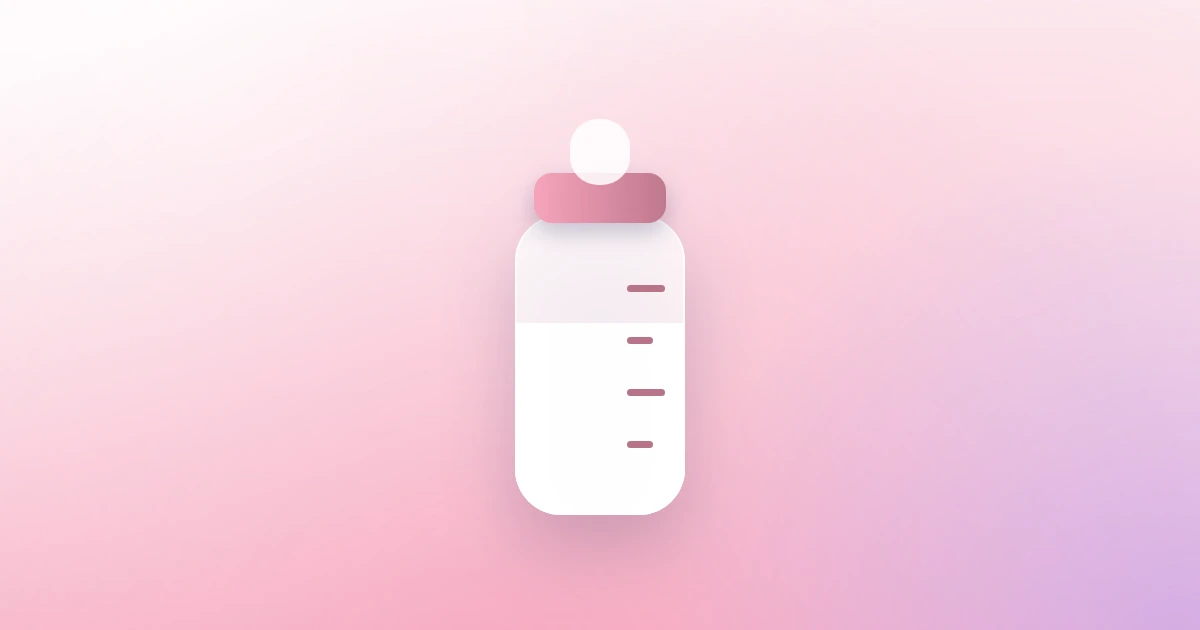 A baby bottle two thirds full on a soft pink field, with measuring marks up its side.