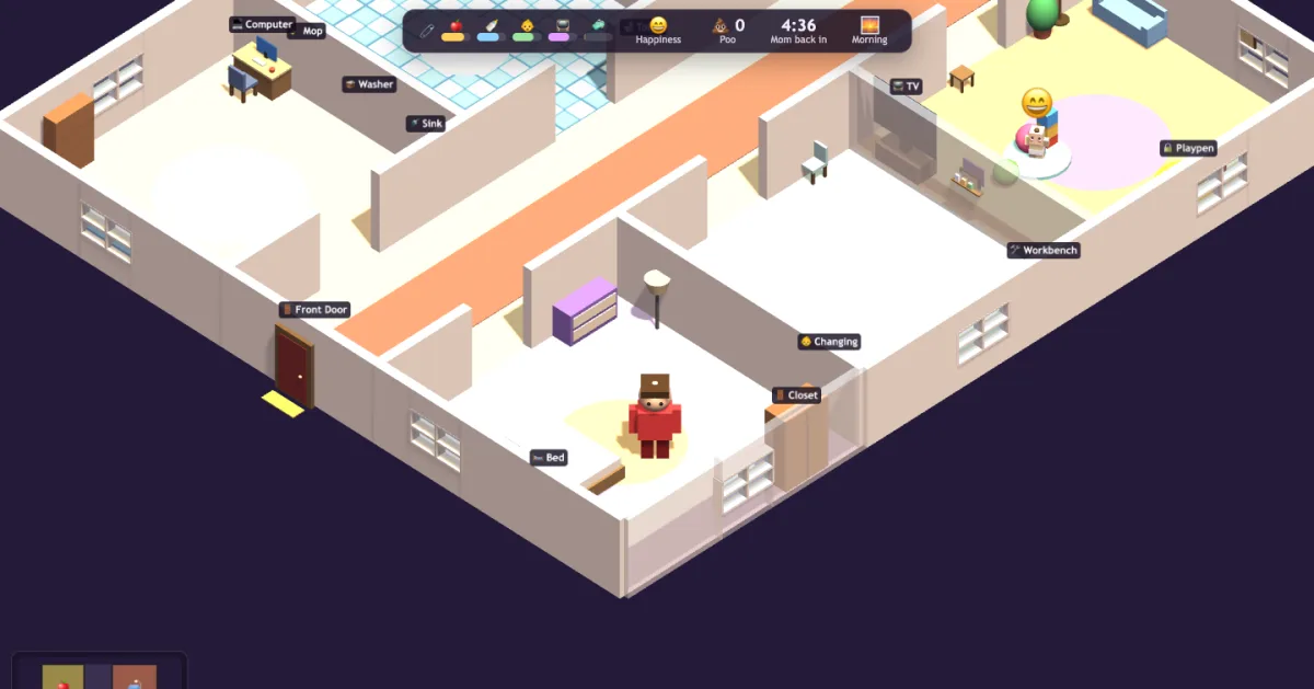 Baby Care: Dad's on Duty — the isometric procedurally generated house mid-run