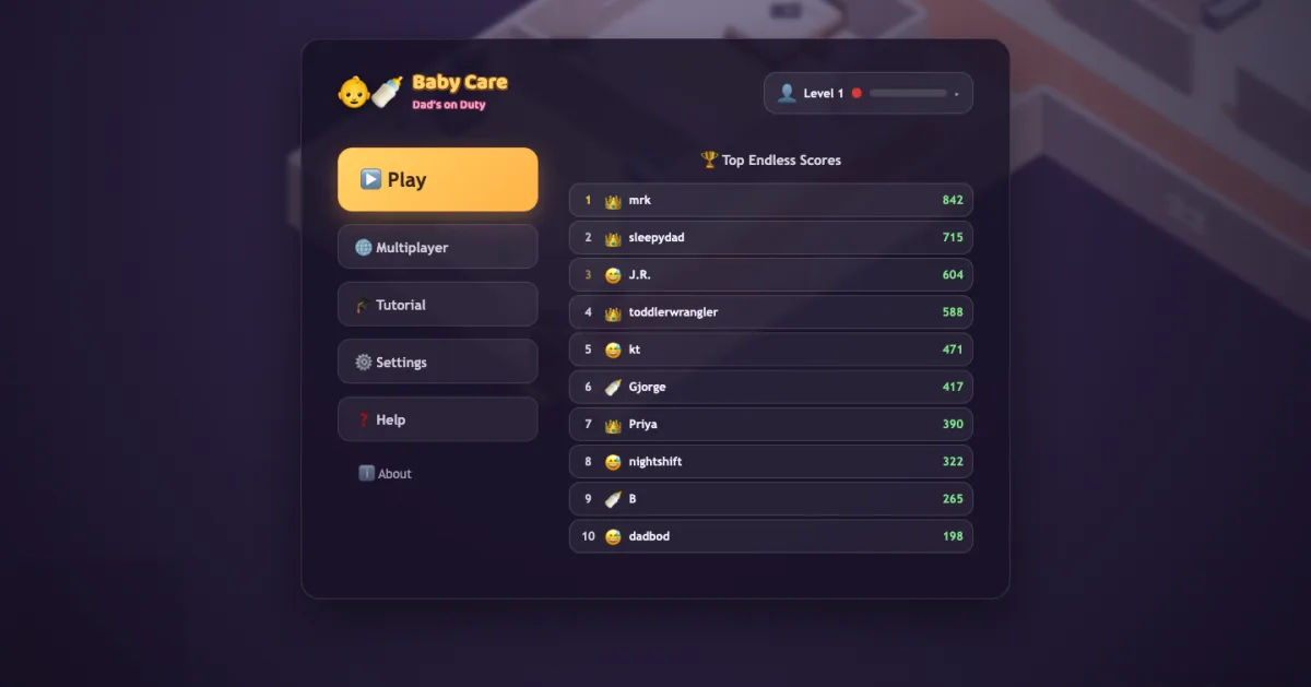 The main menu over the blurred house, with the global Top Endless Scores leaderboard alongside Play, Multiplayer, Tutorial and Settings