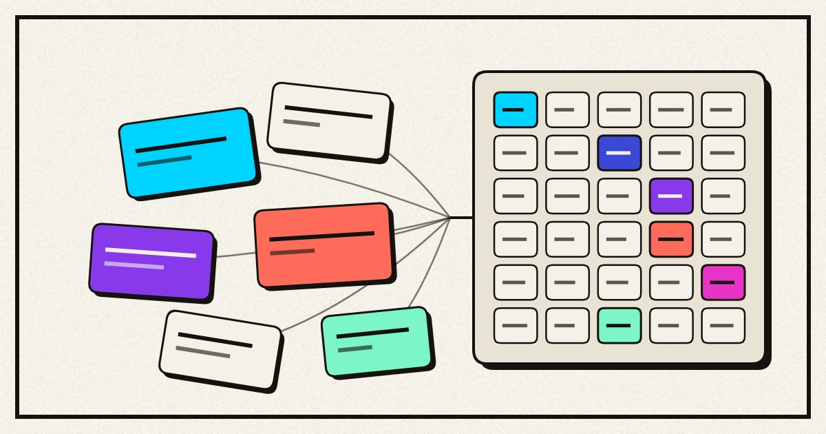 Six loose cards lying at six different angles, their lines gathering into a single stem that enters one upright sheet of thirty tiles