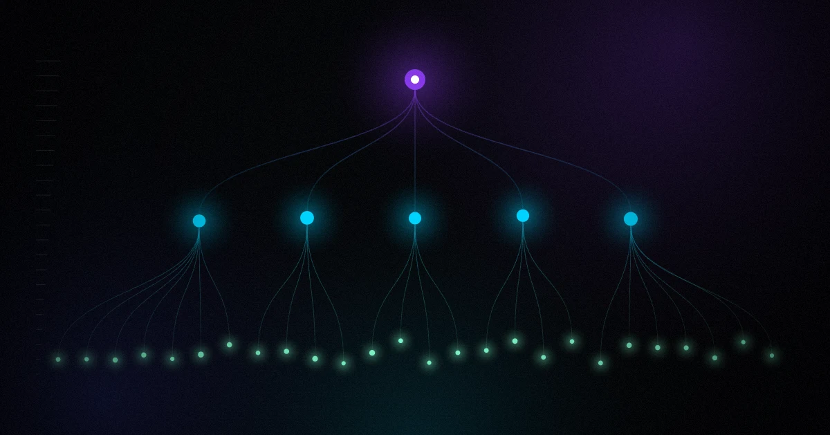 One bright node fanning out into five, then into twenty-six dimmer ones