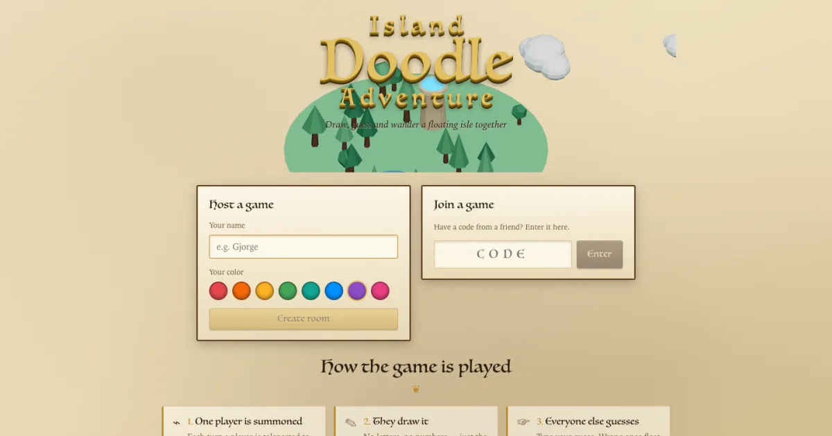 Island Doodle Adventure — the floating 3D island and the host and join panels