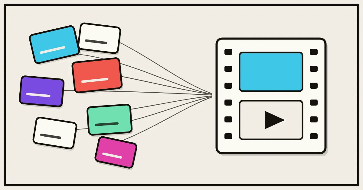 Seven loose clip cards lying at angles on cream paper, thin lines gathering from each of them into a single upright film strip holding one frame and a play triangle