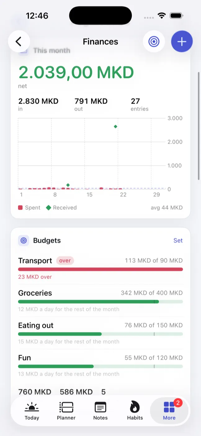 The finances screen on iPhone: the month's net above four budget bars, each with a mark showing where spending should have reached by today, Transport already twenty-three over and the rest still short of their marks