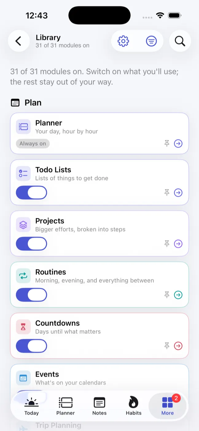 The module library on iPhone, thirty-one of thirty-one switched on: Planner marked always on, then Todo Lists, Projects, Routines, Countdowns and Events, each a row with its own switch