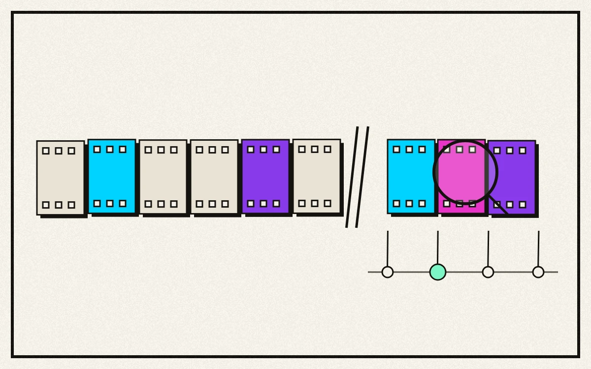 Drawn illustration of a long filmstrip with most frames grey, sliced off by two diagonal cuts, and a shorter strip beside it where every frame is coloured, with a magnifying lens over one frame and a row of beat markers under the joins, one of them lit.