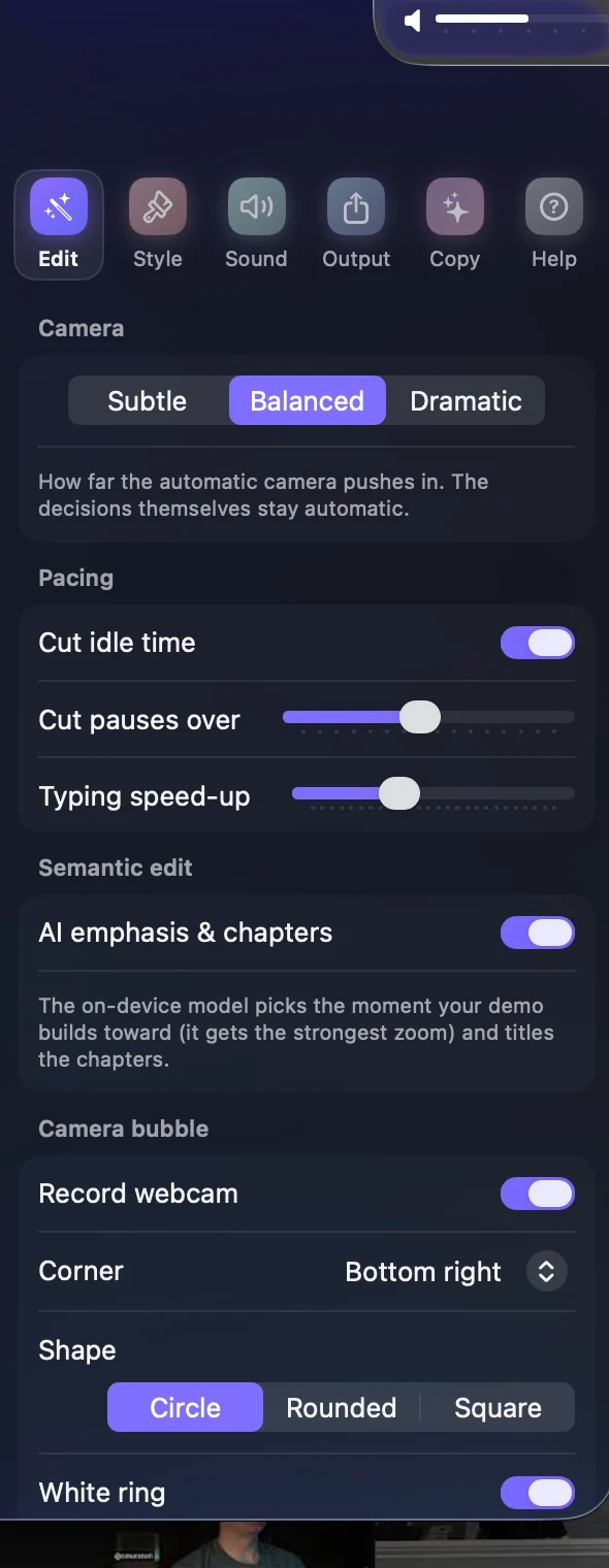 The Edit pane: camera intensity, pacing sliders, the Apple Intelligence emphasis and chapters toggle, and the camera bubble's corner, shape and ring controls