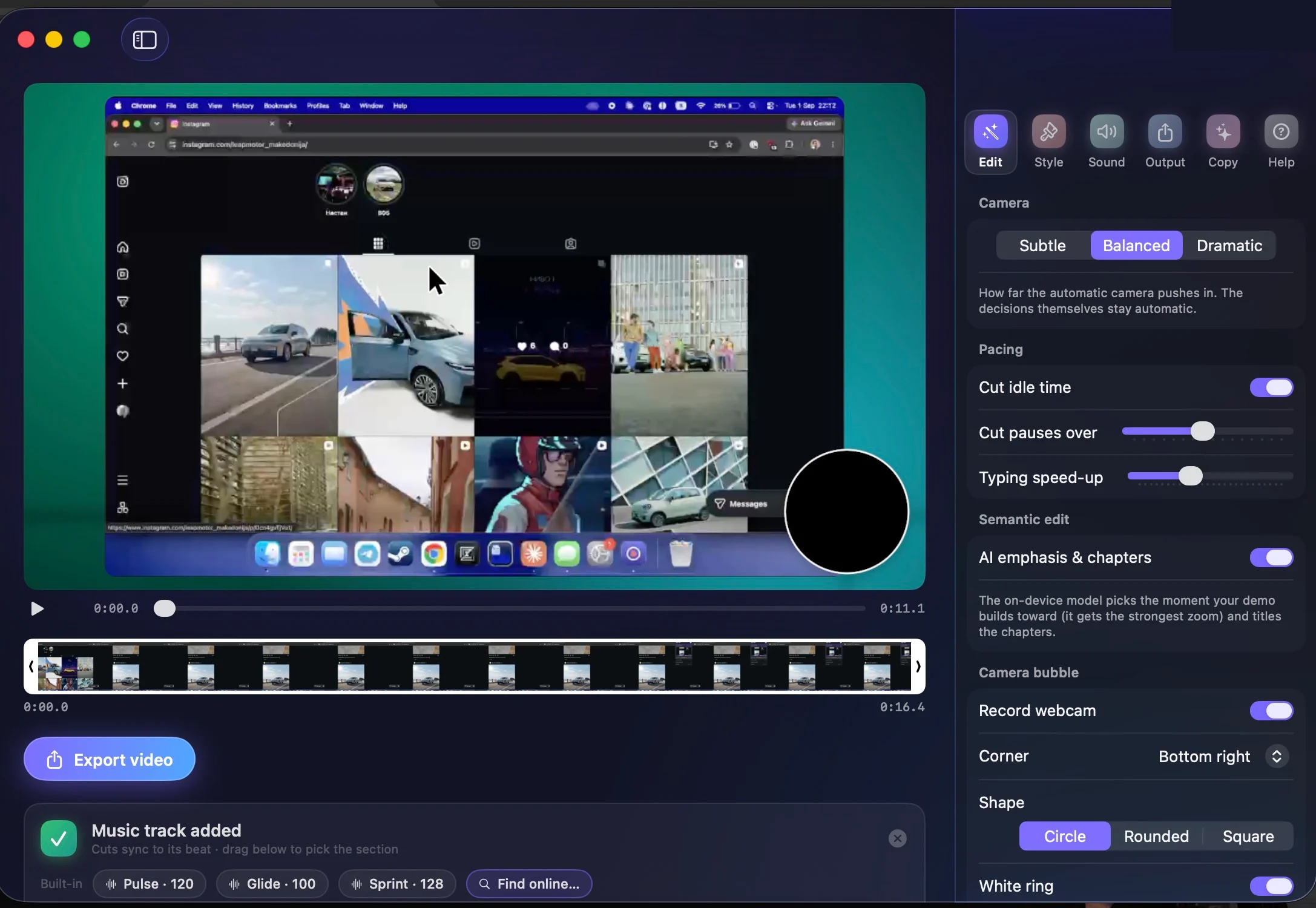 The editor with a recording in the live preview, a camera bubble in its corner, filmstrip trim below, a music card with built-in tracks, and the settings sidebar open
