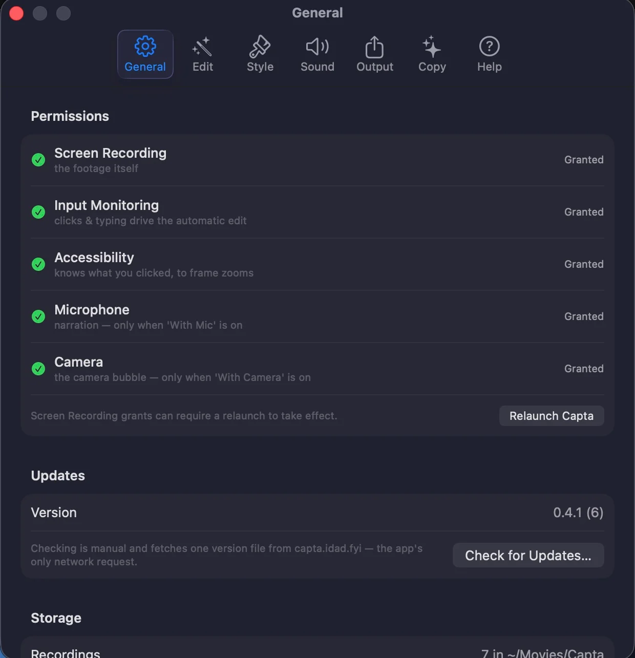 The General settings pane listing all five permissions as granted with what each is for, the manual update check, and where recordings are stored