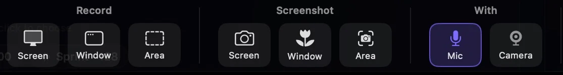 The floating capture panel with record and screenshot buttons for screen, window and area, and mic and camera toggles