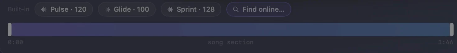 The music card with three built-in tracks, an online search button, and a drag bar selecting which section of the song plays