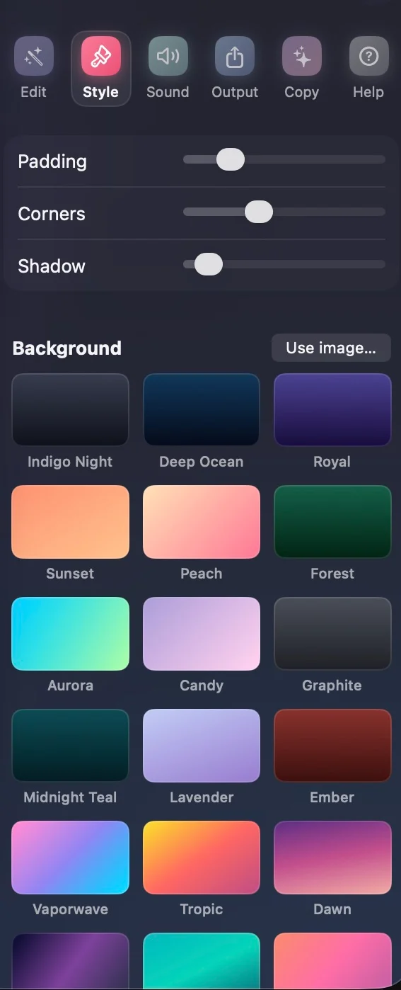 The Style pane's background gallery, a grid of named gradient, radial and mesh presets