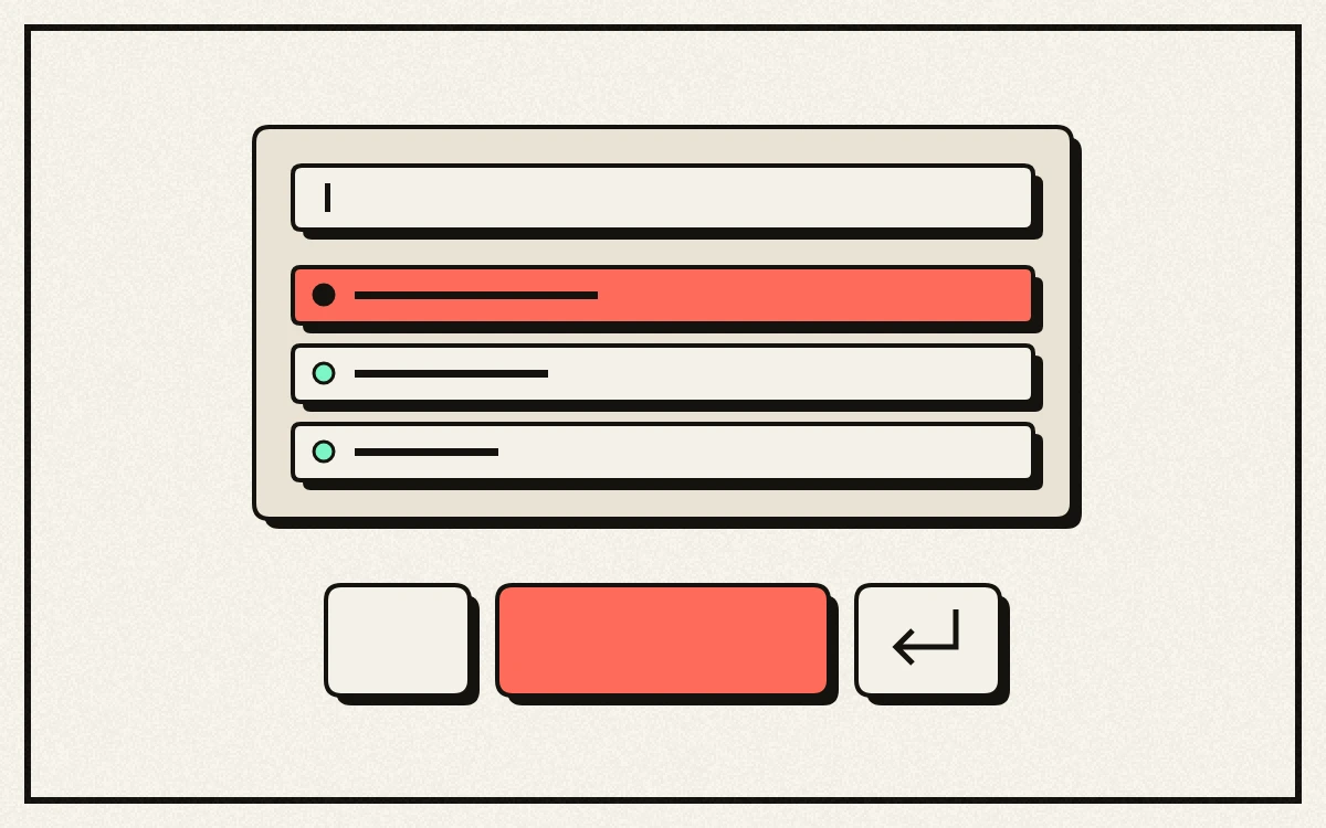 Drawn illustration of three keyboard keys below a command panel, with one result highlighted in coral.