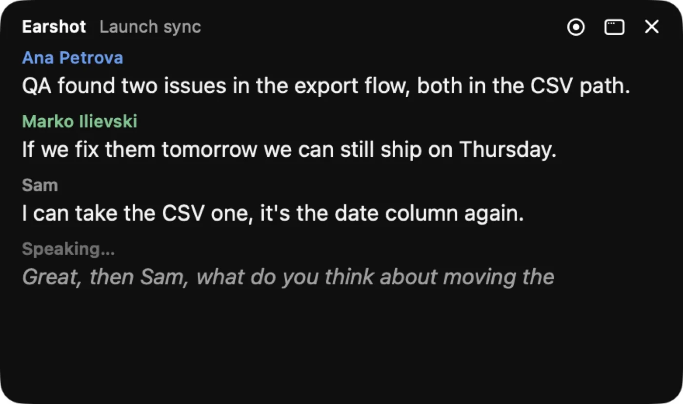 The live transcript window titled Launch sync, with lines from Ana Petrova, Marko Ilievski and Sam, and a sentence still being spoken in grey italics