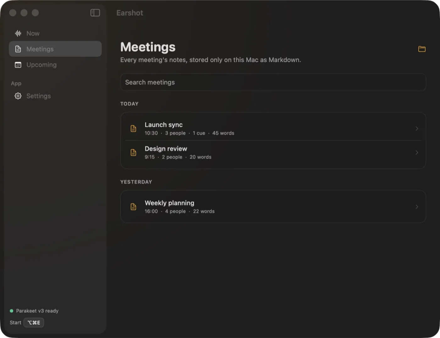 The Meetings page with a search field and past meetings grouped by day, each with its time, the number of people, cues and words