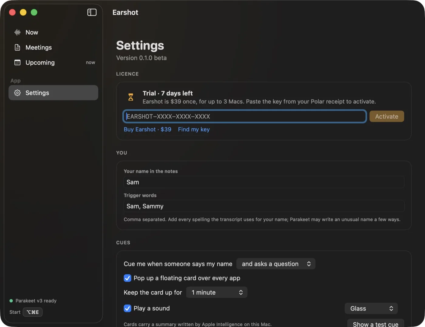Settings showing the 7-day trial and licence key field, your name and trigger words, and the cue options: when someone says my name and asks a question, a floating card over every app, and a sound