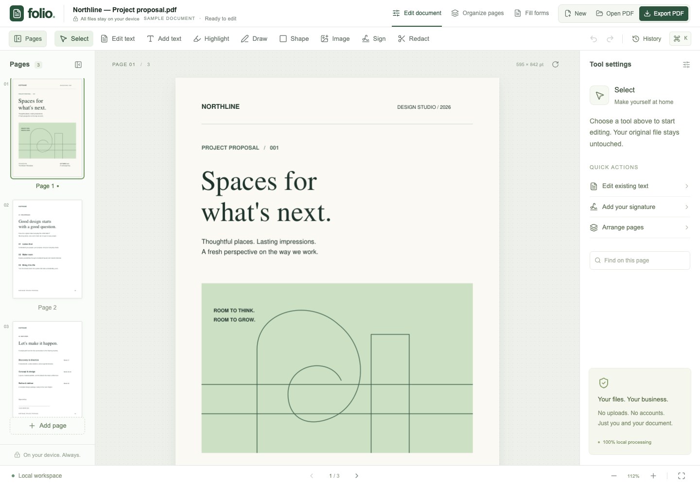 Folio showing a three-page sample PDF, editing tools across the top, page thumbnails on the left and tool settings on the right.
