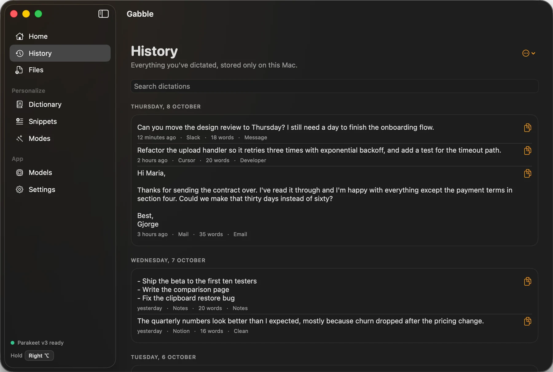 The History page with a search field and past dictations grouped by day, each showing the app it was typed into, its word count and the mode used