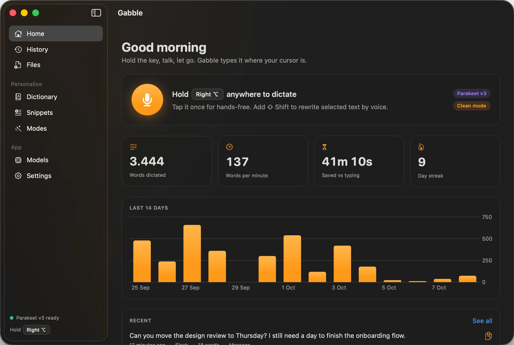 The home page: a microphone button beside Hold Right Option anywhere to dictate, four tiles for words dictated, words per minute, time saved and day streak, and a bar chart of the last fourteen days