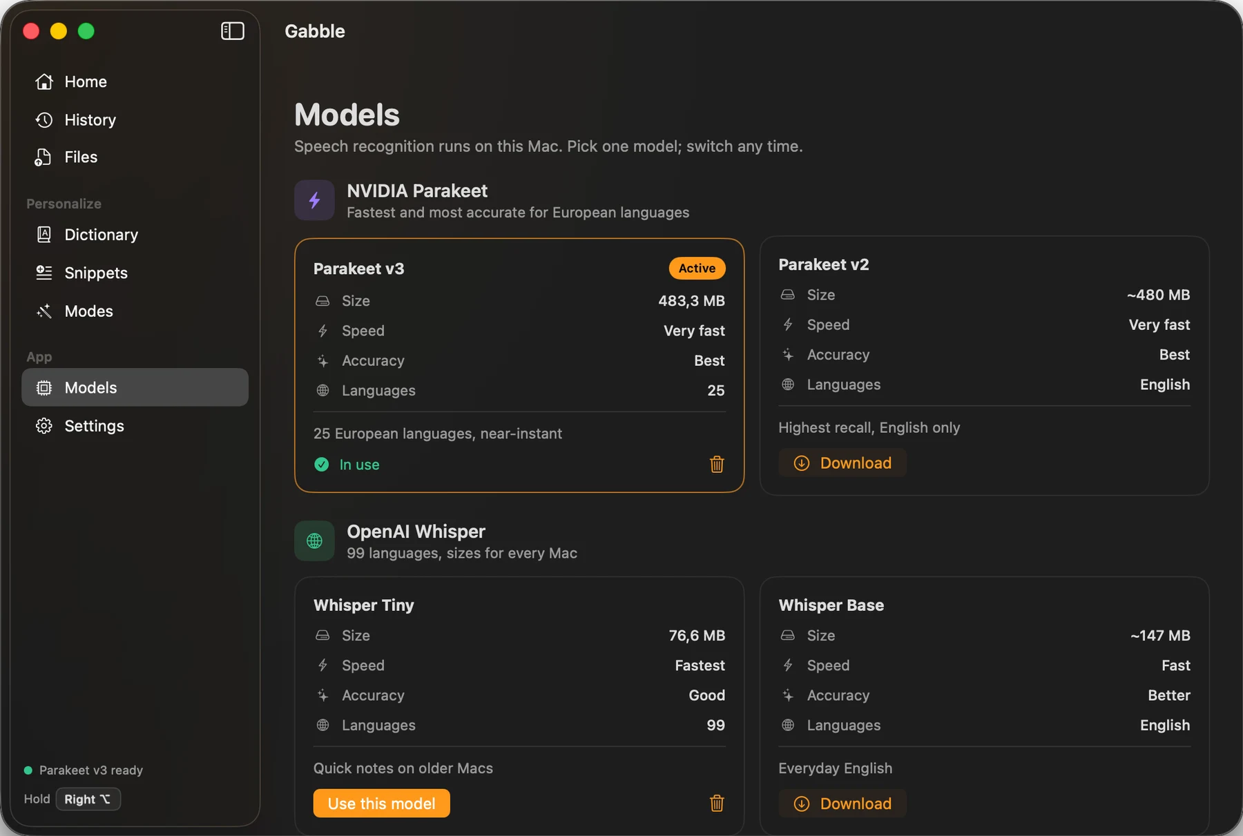 The Models page listing Parakeet v3 as active at 483 MB beside Parakeet v2, and Whisper Tiny and Whisper Base below them, each with its size, speed, accuracy and number of languages
