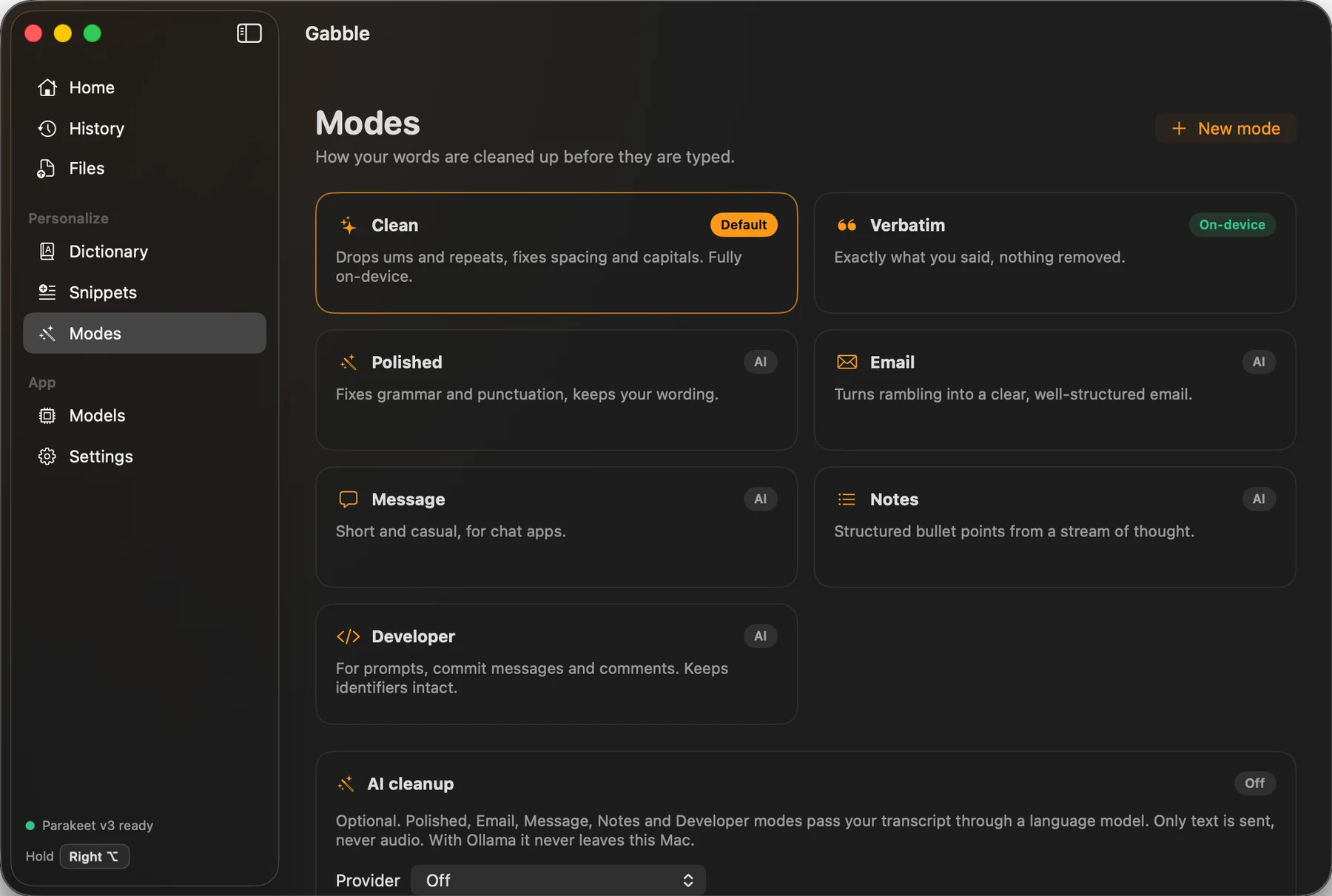 The Modes page with seven cards, Clean marked as the default, Verbatim marked on-device, and Polished, Email, Message, Notes and Developer marked AI, above an AI cleanup panel that is switched off