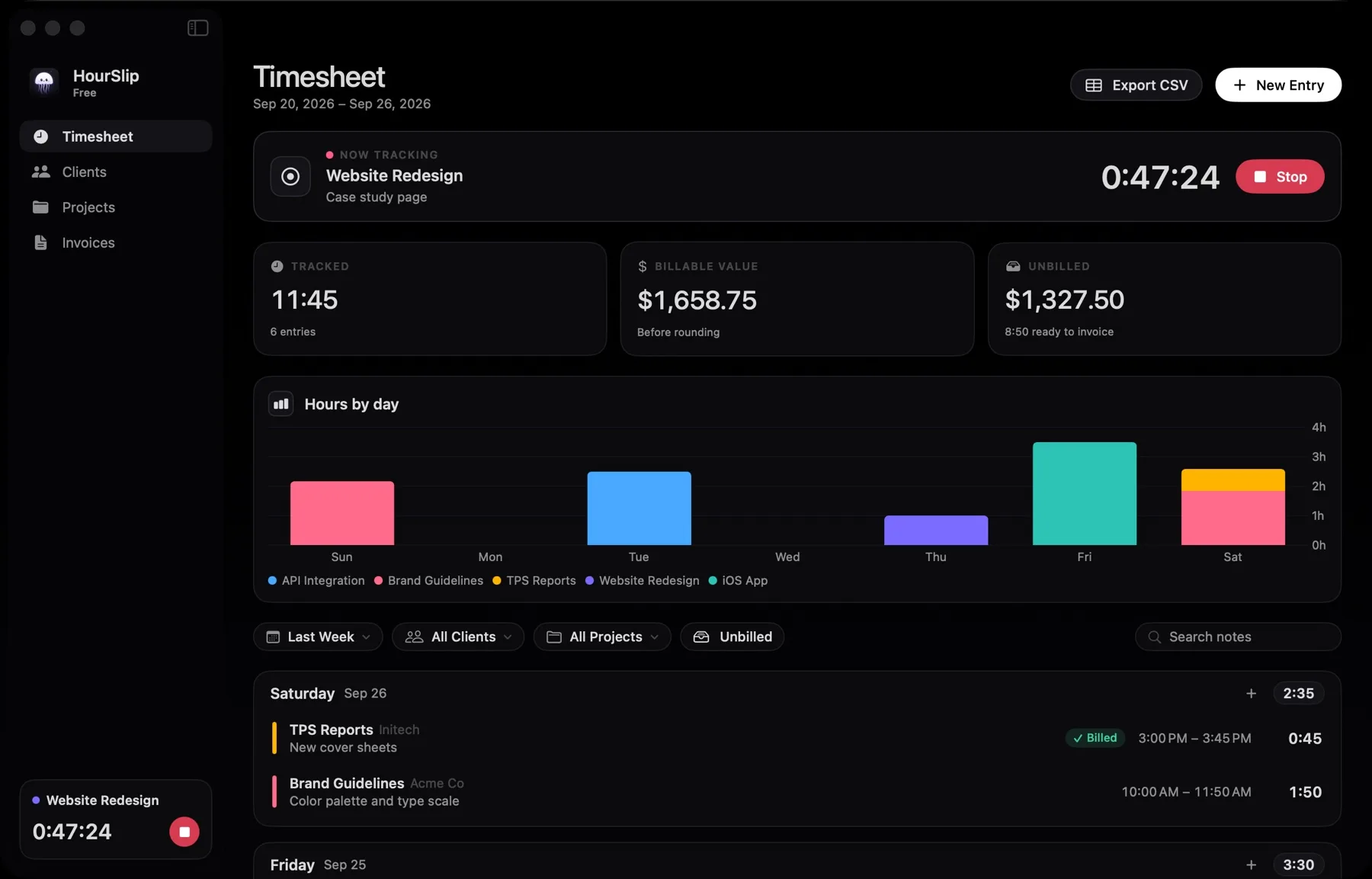 The HourSlip timesheet with a running timer, weekly totals, an hours-by-day chart and last week's entries grouped by day.