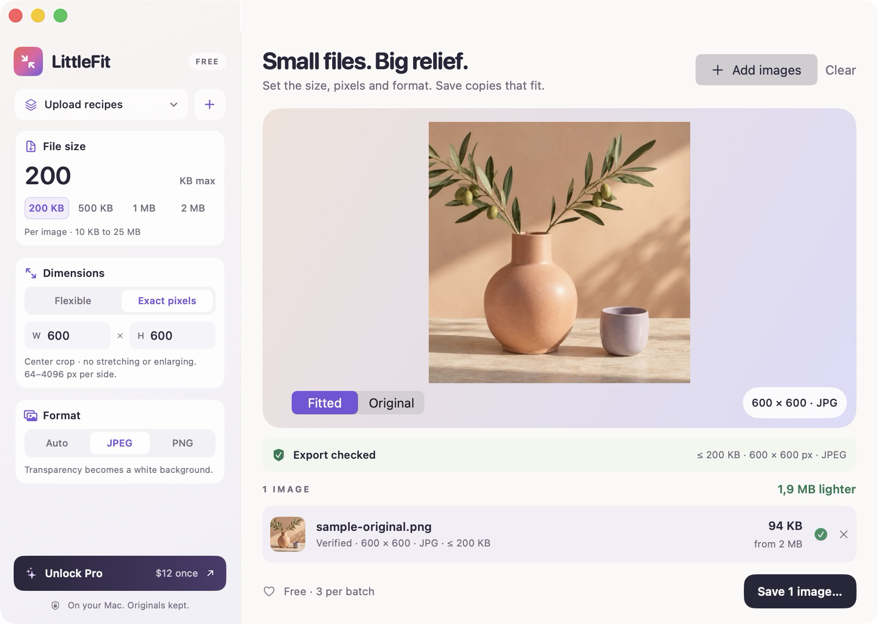 LittleFit showing image upload requirements, a list of images and a preview of an image fitted for export.
