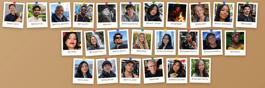A Polaroids X header: rows of instant photos of people with their handles, pinned with coloured pins to a cork board.