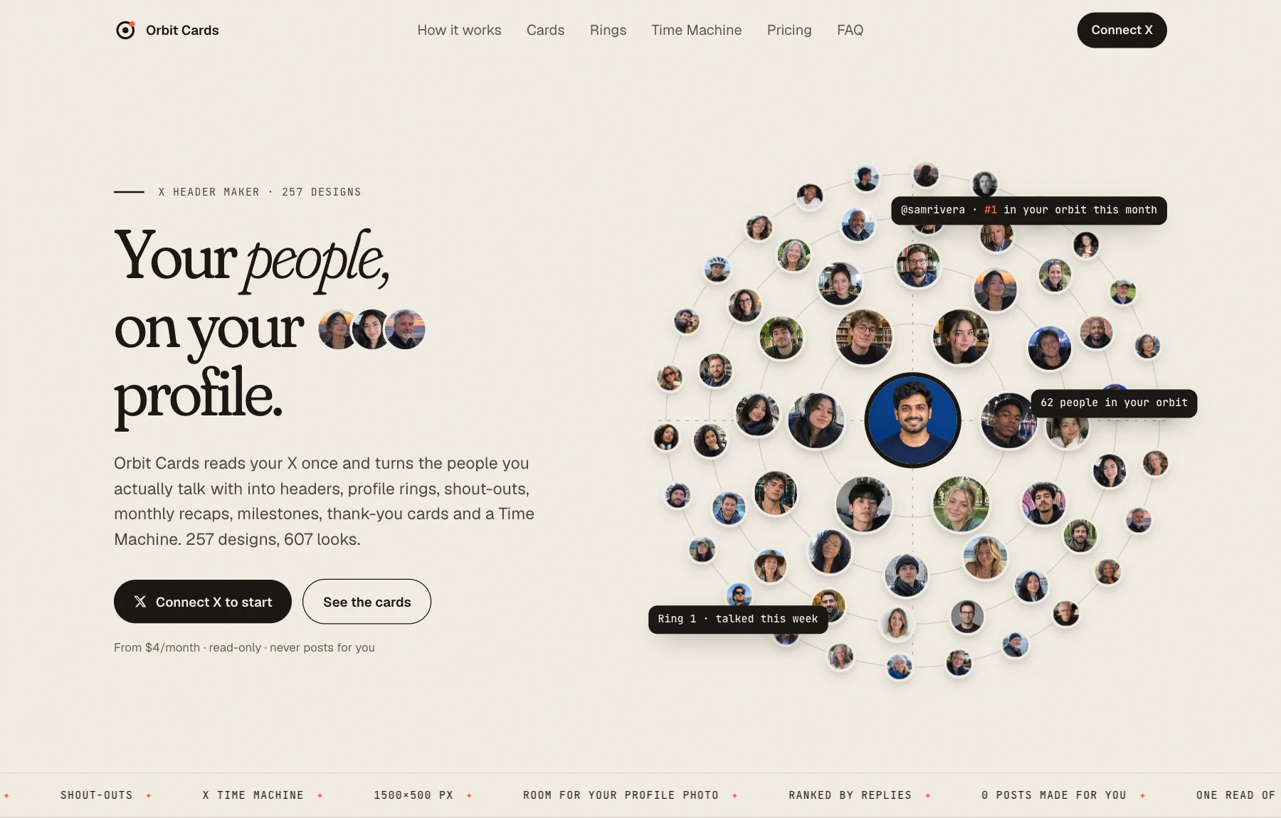 The Orbit Cards home page: the headline Your people, on your profile beside an orbit of profile photos around one person, with labels reading @samrivera, #1 in your orbit this month, 62 people in your orbit, and Ring 1, talked this week.