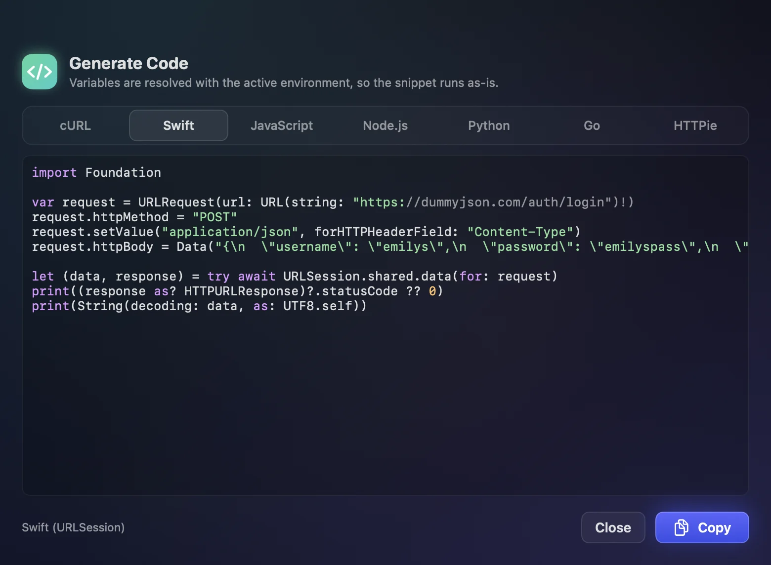 The Generate Code sheet with Swift selected among cURL, JavaScript, Node.js, Python, Go and HTTPie, showing a URLSession login request with its JSON body filled in