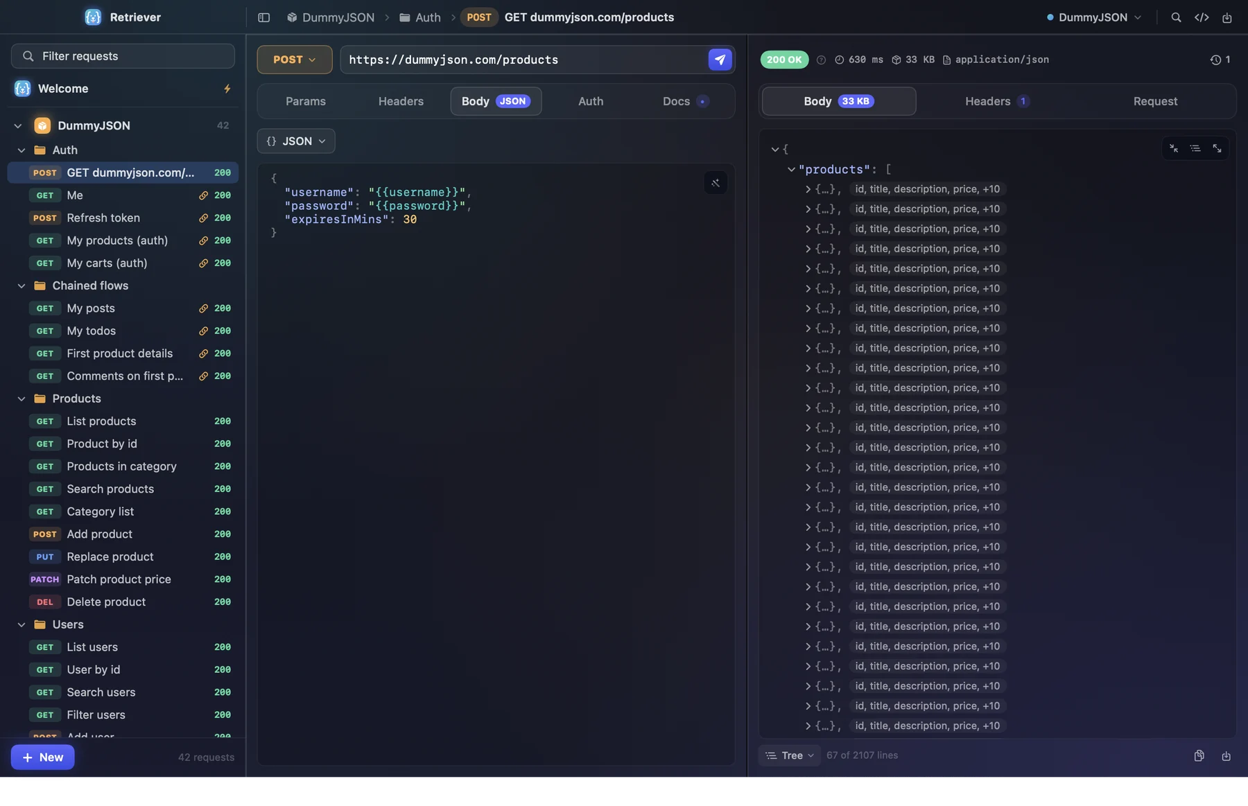 A 33 KB products response from dummyjson.com shown as a tree folded to 67 of 2,107 lines, each product collapsed to a preview of its id, title, description and price