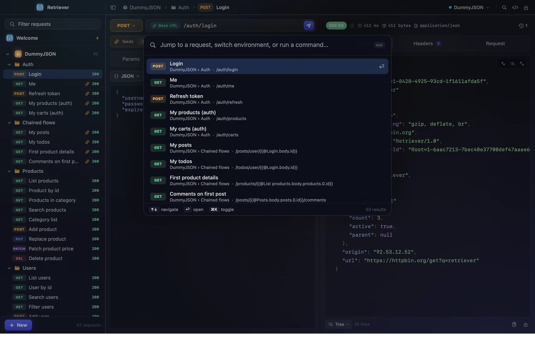 The Command-K palette over the app, listing requests by name with their collection, folder and path, including chained paths such as /posts/user/{{@Login.body.id}}