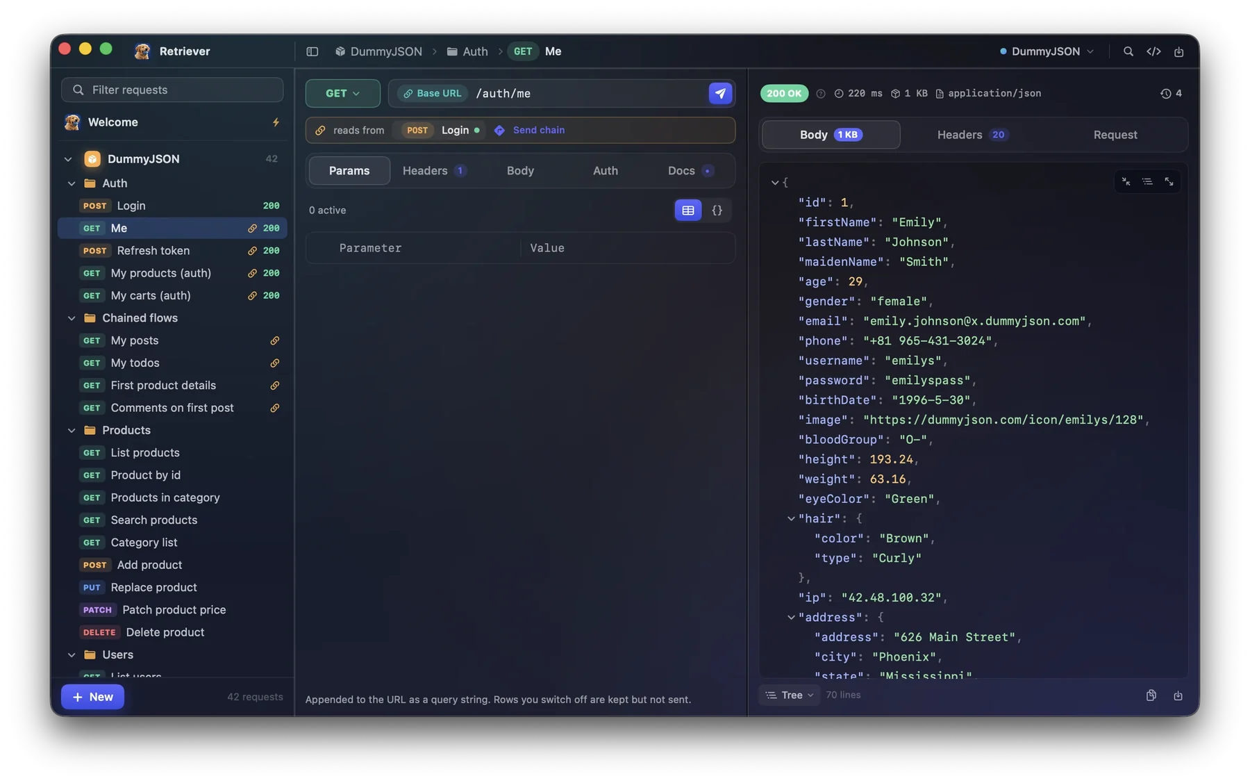 A GET request to /auth/me that reads its token from a Login request, with a collection of forty-two DummyJSON requests in the sidebar and the 200 OK user record as a JSON tree on the right