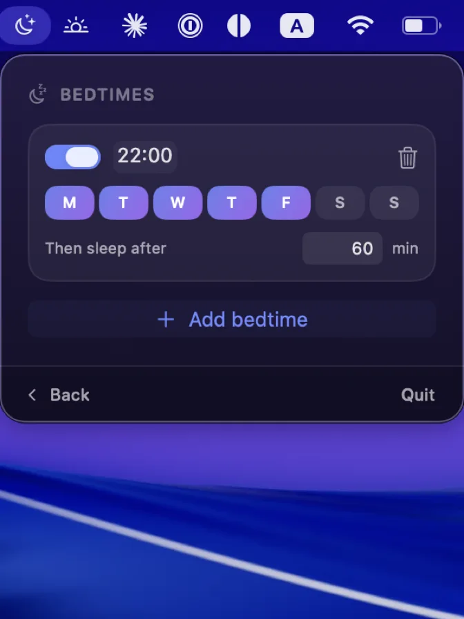 The bedtimes list: one schedule switched on at 22:00 with Monday to Friday selected and Saturday and Sunday left out, set to sleep after sixty minutes, above a button to add another