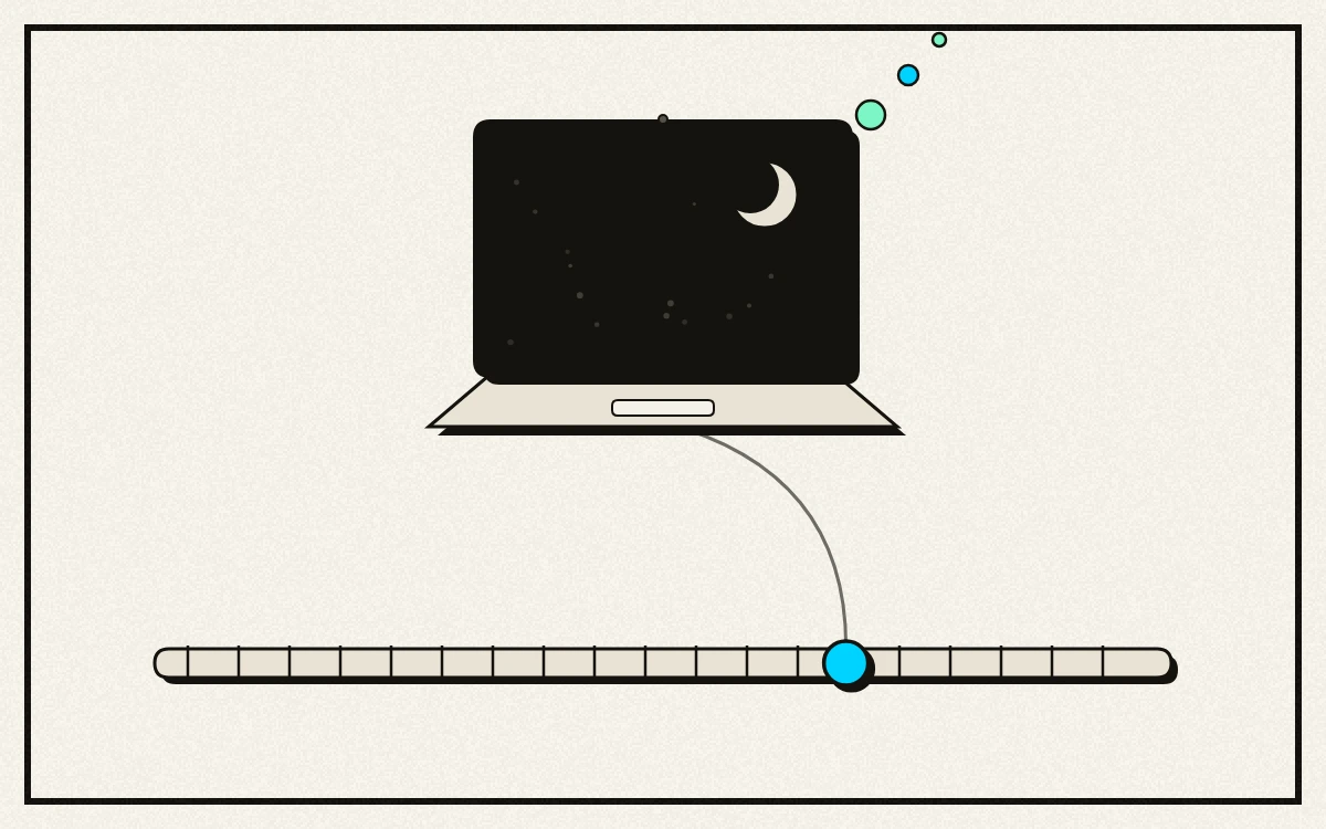 Drawn illustration of a laptop with its screen dimmed to a starry night sky and a crescent moon, tied by a line to a marker set on a timeline beneath it.