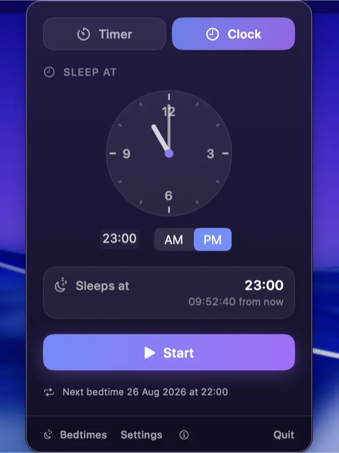 The Clock face of the panel: a dial with its hands at eleven, 23:00 set below it with PM selected, and a line reading that the Mac sleeps at 23:00, nine hours and fifty-two minutes from now