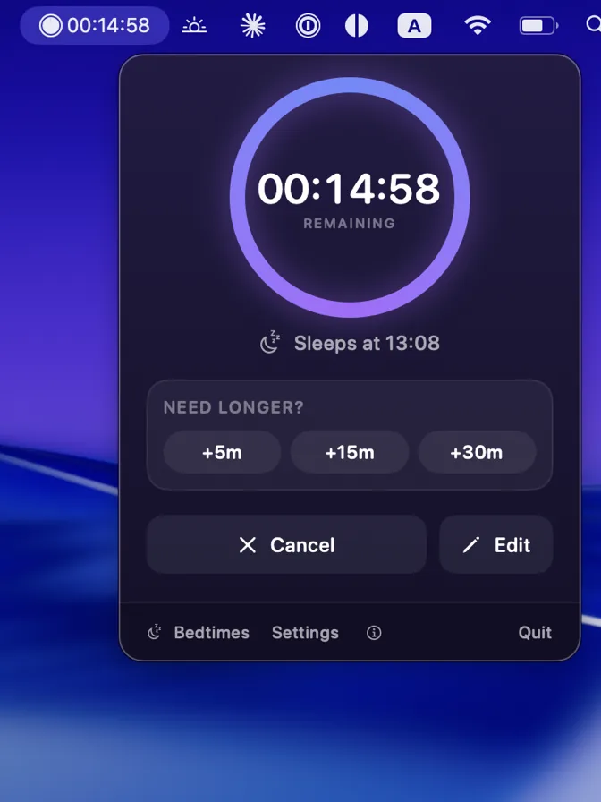 The menu bar panel open under the moon icon, a ring counting down from just under fifteen minutes over the hour the Mac will sleep, buttons for five, fifteen and thirty minutes more, and the same countdown running beside the menu bar clock