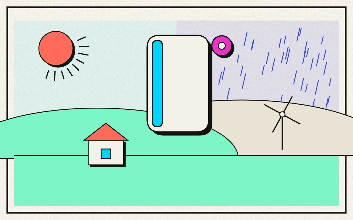 Drawn illustration of a tall rounded slab with a small disc at its top right corner, standing over two hills, a cottage and a windmill, with sun rays drawn on the left half of the sky and rain lines on the right half.