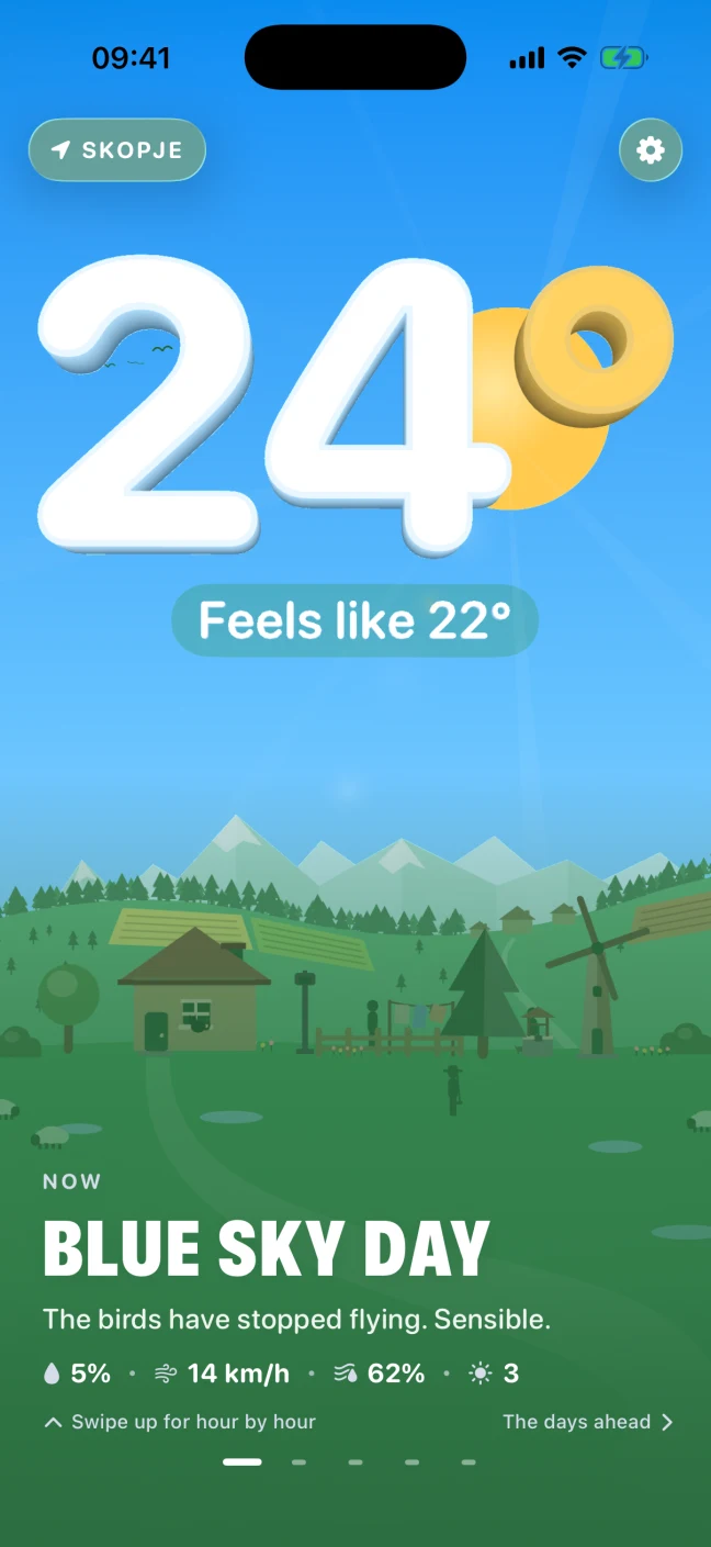 The home screen on a clear day in Skopje: a big white 24 with a gold degree sign over a green village with a cottage and a windmill, Feels like 22 in a chip under the number, the headline Blue Sky Day, and a line reading rain 5 percent, wind 14 km/h, humidity 62 percent, UV 3