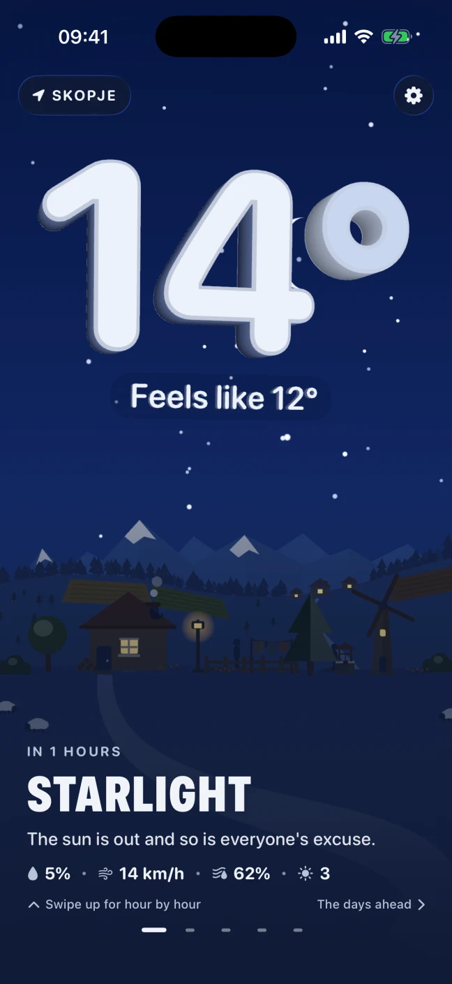 The village at night: 14 degrees in silver over dark hills, stars across the sky, the cottage window lit, the headline Starlight and the same line of rain chance, wind, humidity and UV