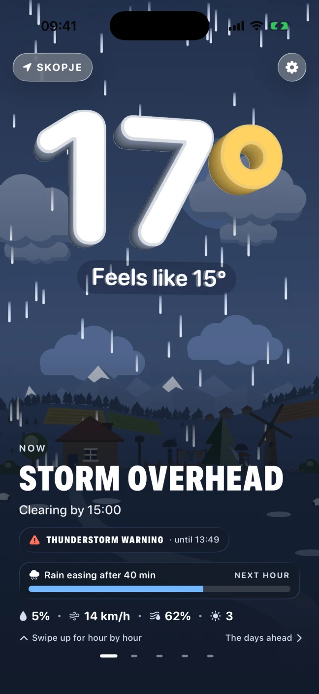 The same village in a thunderstorm: 17 degrees with rain falling past the number, the headline Storm Overhead, a thunderstorm warning chip under it with the time it ends, and a next-hour bar reading rain easing after 40 minutes