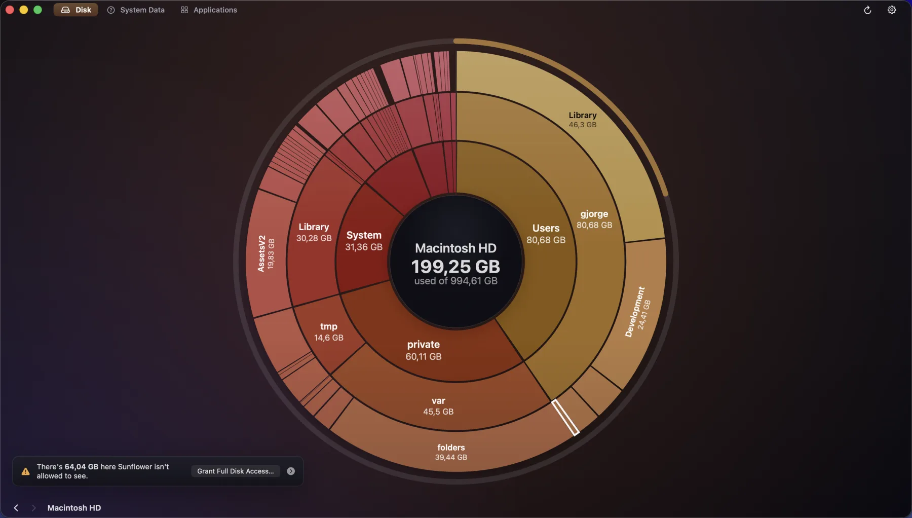 The whole startup disk as one ring, 199,25 GB used of 994,61 GB in the middle, with Users, System, private and var as wedges sized by their share and their own contents in the ring outside them