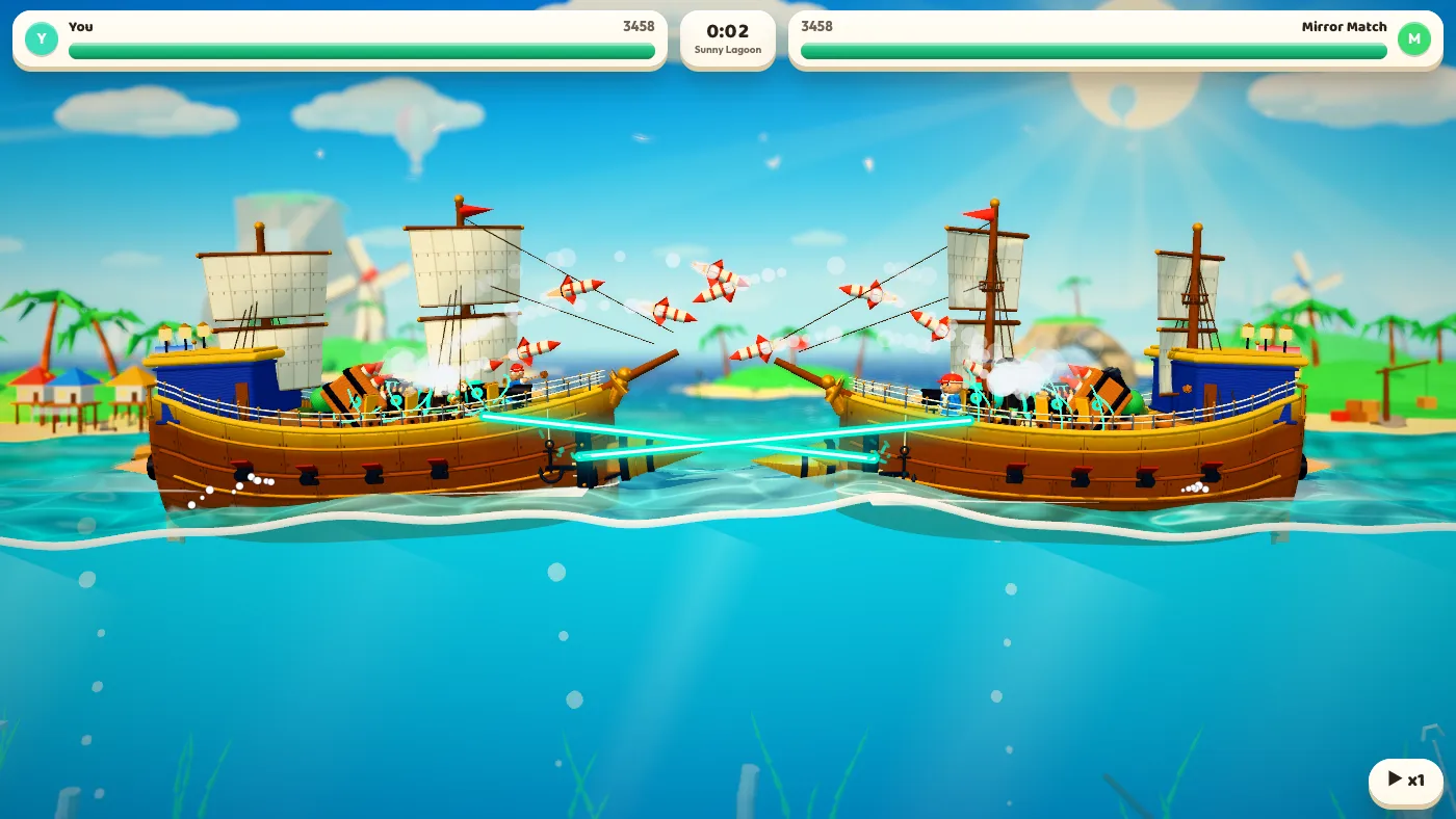 Two toy warships trading rockets and laser fire across a sunny lagoon, each with a hull-points bar above it.