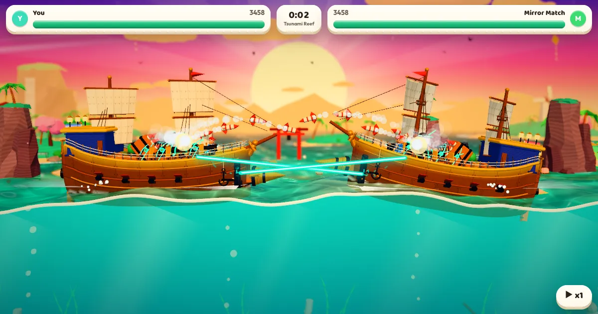 Two wooden toy warships firing rockets and crossing laser beams at each other on a teal sea at sunset, with a red gate on an island between them.