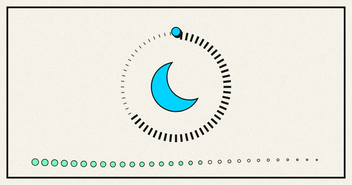 A crescent moon inside a ring of countdown ticks, two thirds still to run and the last third worn down, with a row of dots thinning out along the floor