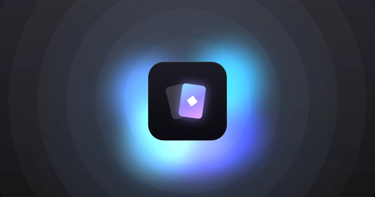 Two glowing cards on a dark glass tile, the front one face up, with blue light spilling out from behind them.