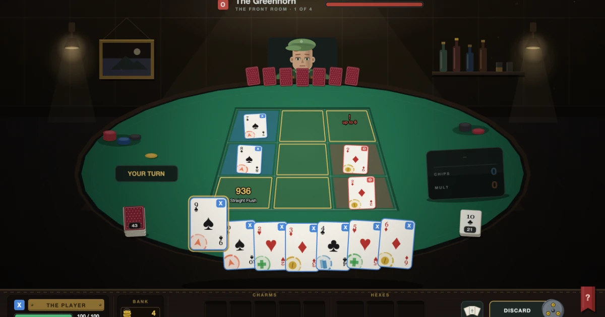 A fight in progress: the player's seven and eight of spades in the left column, the opponent's cards in red on the right, and the held nine of spades previewing 936 damage as a Straight Flush on the bottom-left cell, with a red exclamation warning on the cell the opponent completes next turn