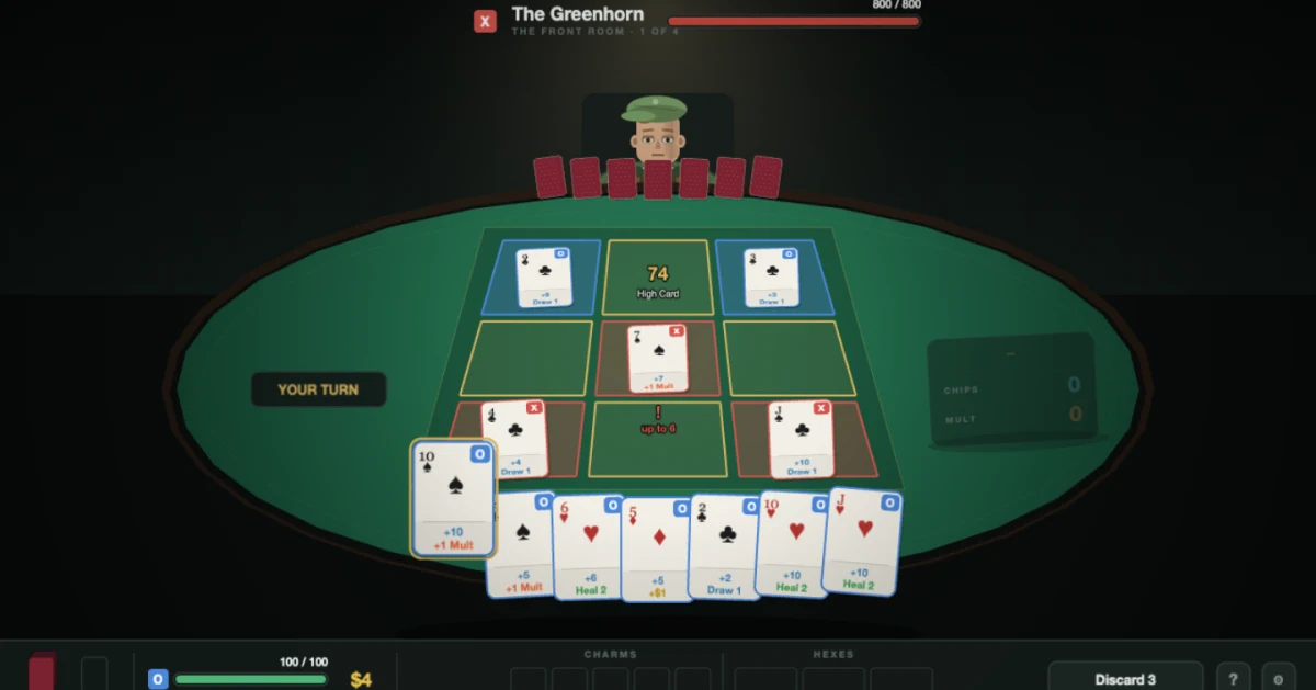 A fight in progress: two of the player's clubs in the far row, the opponent's cards in red, and the held ten of spades previewing 74 damage as a High Card on the centre cell, with a red exclamation warning on the cell the opponent completes next turn
