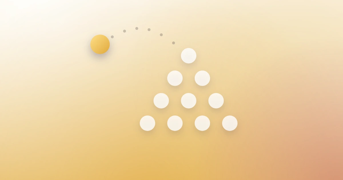 A triangle of ten frosted pegs on a soft gold field, with a gold ball above them and a dotted arc from the ball to the first peg.